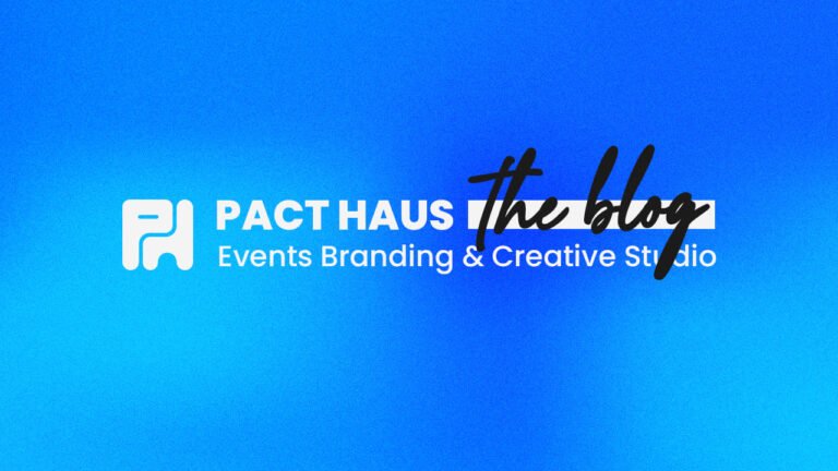 Featured image for the introductory blog for Pact Haus that reads, "Pact Haus (the blog) Events Branding & Creative Studio," on type of a vibrant and grainy blue to cyan gradient background.