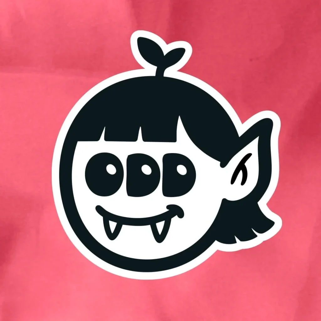 Odd Ball concept logo: a grinning character with pointed ears and fangs whose eyes spell ODD, on pink